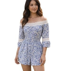 Hollister Blue White Floral Crochet Lace Off The Shoulder Romper Medium Boho